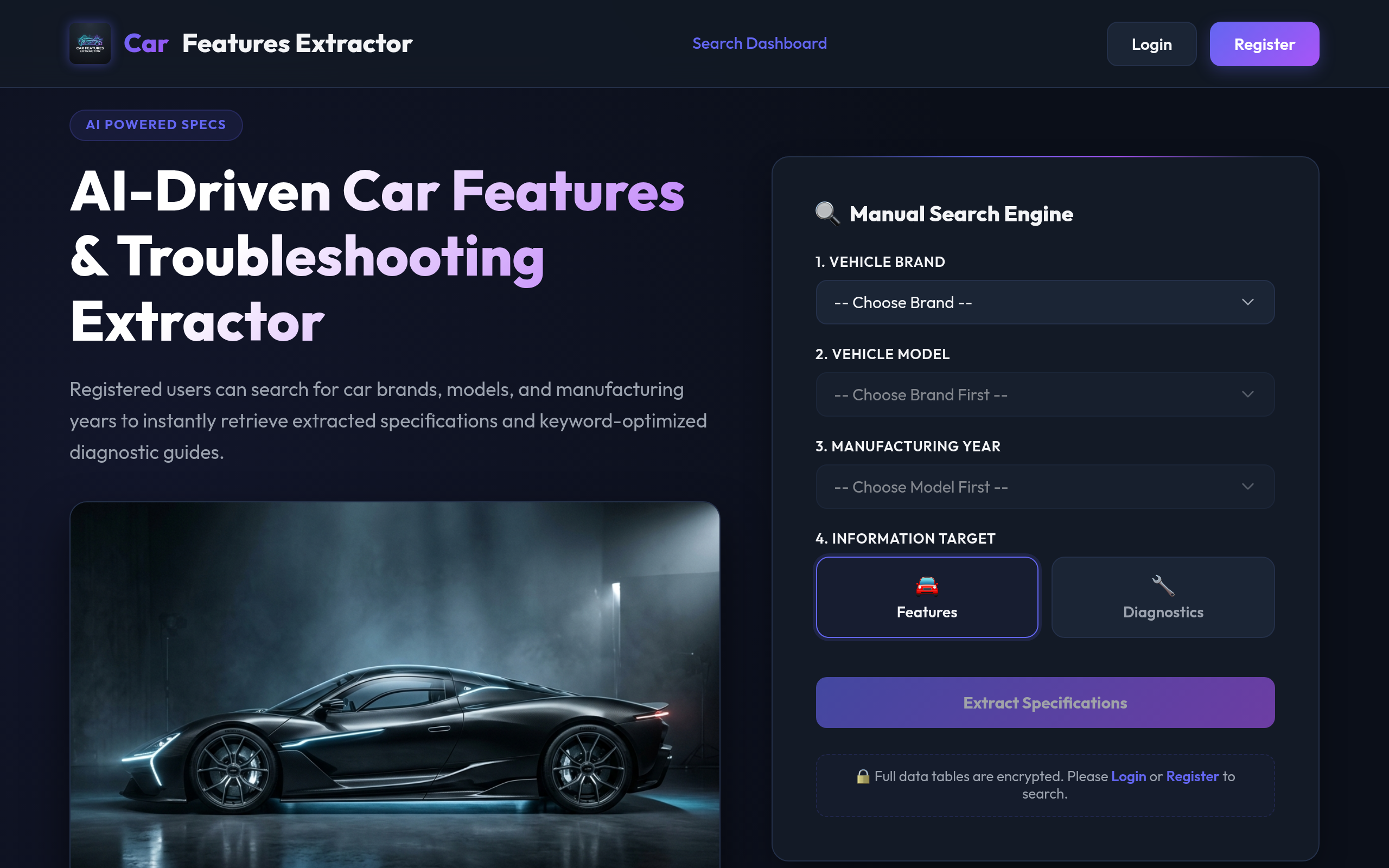 Car Features & Diagnostics Search Engine Mockup